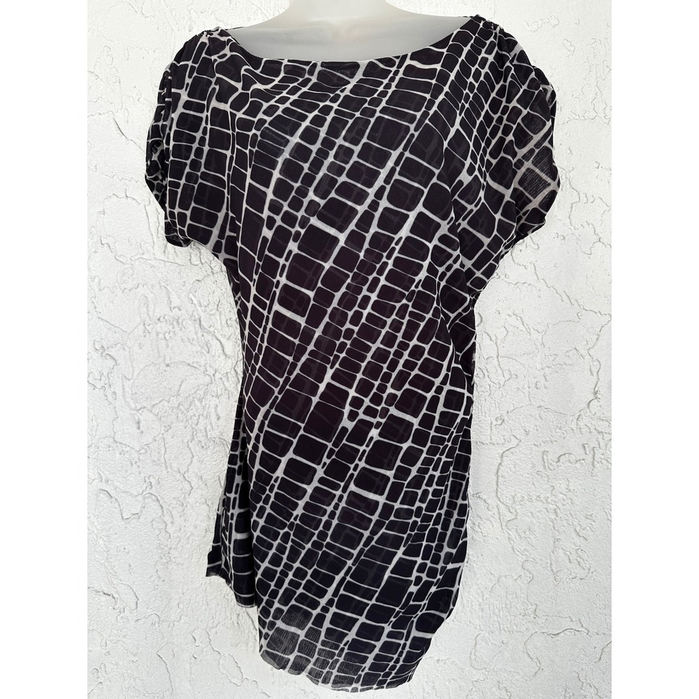Sweet Pea by Stacy Frati Vtg Y2K Geometric Mesh Ruched Sleeve Tunic Top Medium